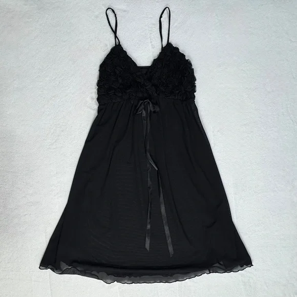 Vintage Y2K La Vie En Rose Rosette & Black Mesh Sheer Babydoll Teddy Size M - Picture 7 of 9